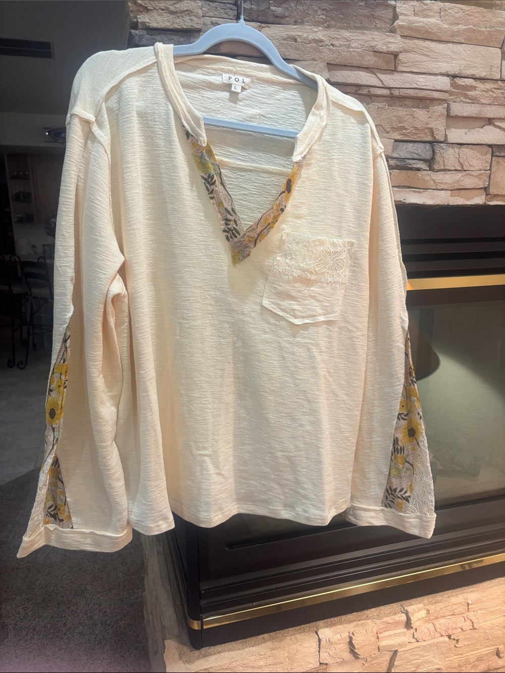 NEW POL Cream Long Sleeve V-Neck Shirt with Yellow Floral Trim